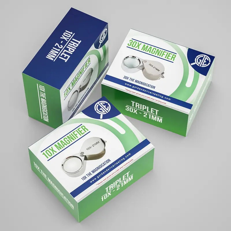 Gold, Silver, & Platinum Testing Kit 10K-24K Acids Magnifier Cloth & Bamboo Storage Box JSP & GTE 4