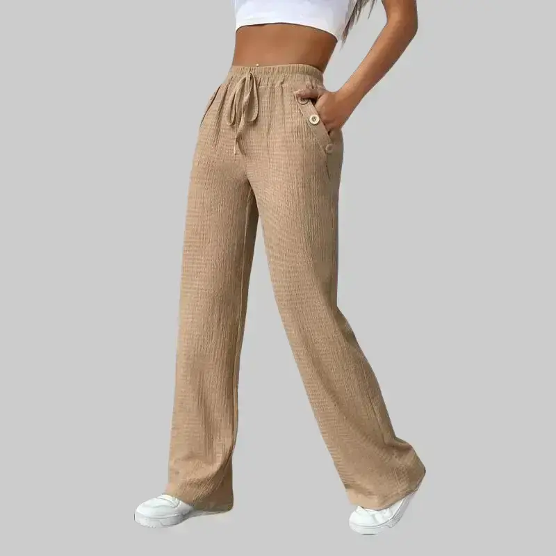 Khaki Women's Basic Solid Drawstring Waist Straight Leg Trousers Casual Textured Pocket Trousers for Daily Wear