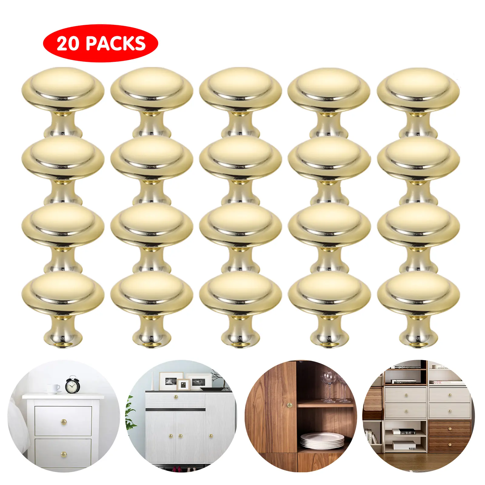20 PCS Gold Round Mushroom-Style Sleek Metal Cabinet Pulls Hardware, Interior Door Handles, Closet Metal Handle Sets for Kitchen Cupboards & Dresser Doors, Door Handles Interior
