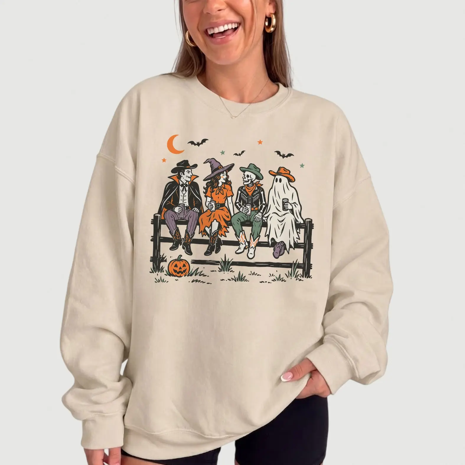Gildan Halloween Western Crewneck Sweatshirt, Cowboy Witch Skeleton & Ghost Bench Graphic Pullover, Spooky Western Lover Gift