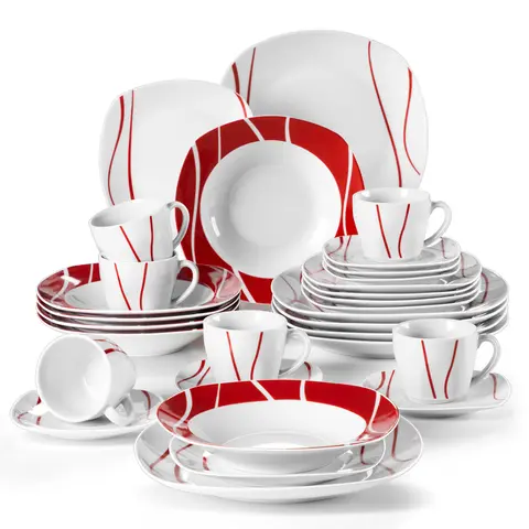 MALACASA FELISA Series Glossy Stylish Dinnerware Service Set, 18/24/30-Piece Porcelain Square Combo Dinner Sets for 6 - Plates, Bowls, Cups, Saucers, Red Tableware