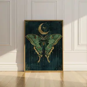 Luna Moth Wall Art Artdeco  Actias Luna Crescent Moon Witchy Occult Cottagecore Fairycore Artwork Vintage Wall Decor Framless Poster 9