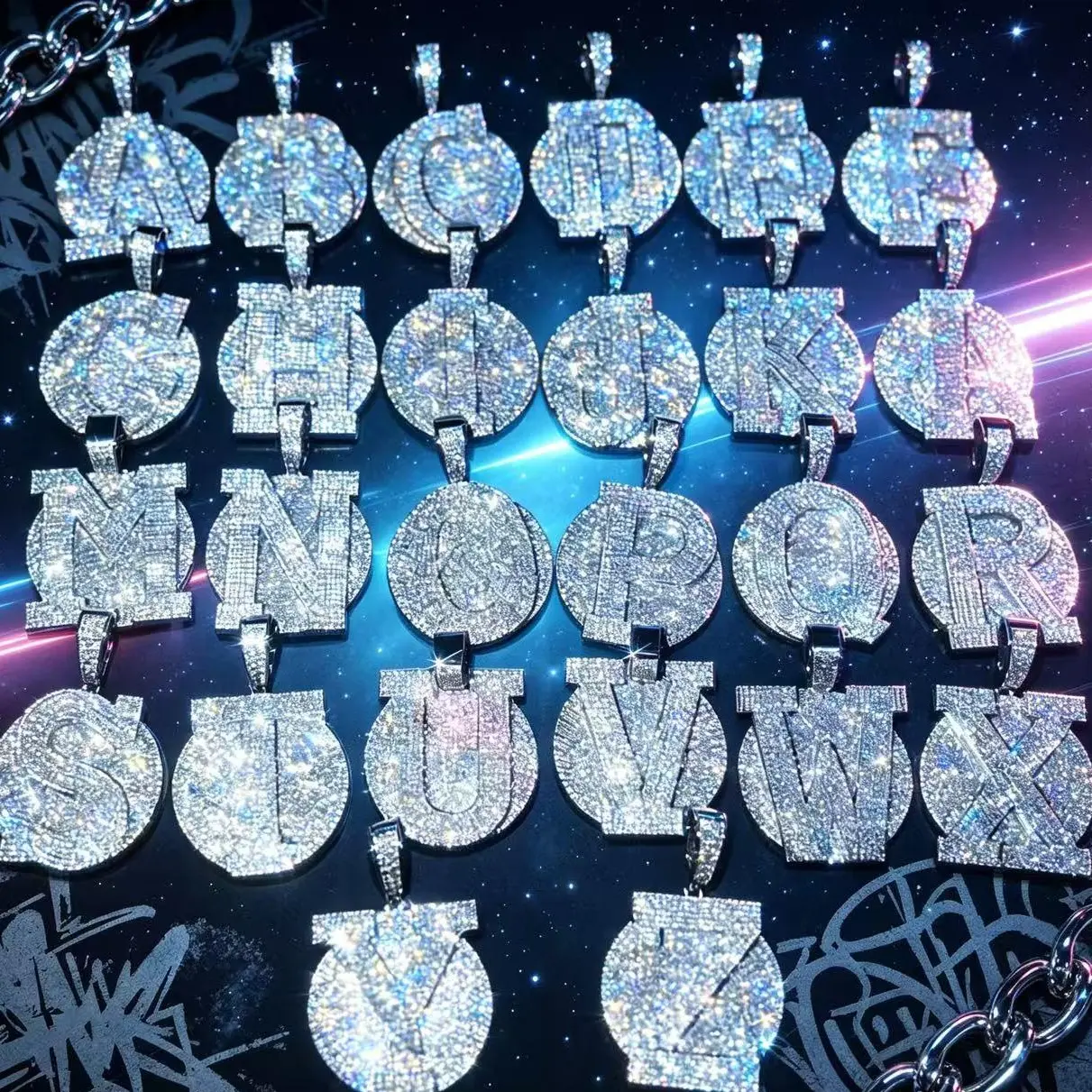 M2-2003 Iced Out Custom Bubble Initial Pendant - Cubic Zirconia, Rhinestone Decor - Personalized Fashion Costume Jewelry Charm