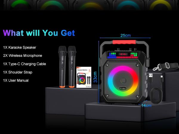 Socodox Karaoke Machine for Adults & Kids Portable Bluetooth 5.2 Speaker with 2 Wireless Microphones RGB Lights AUX USB TF AUX Home PA System for Family Party Outdoor Fun
