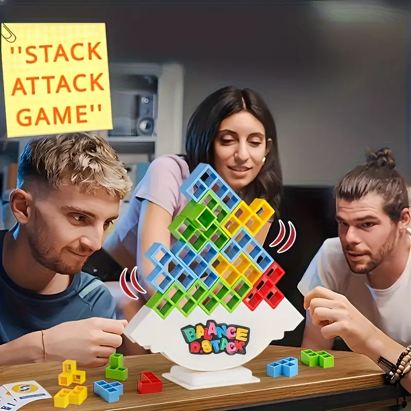 Family Balance Tower Stacking Game (41pc) – Fun Desktop Skill & Party Game with Blocks, Challenge Cards, Base & Penalty Rules for Kids & Adults, Travel Tabletop Toy