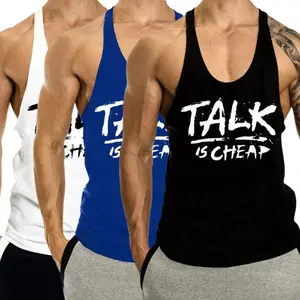 3 PACK TALK IS CHEAP Printed Motivational Work Out Tank Top, Men's Stringer Tanktop