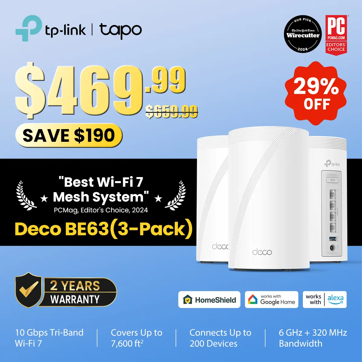 TP-Link Deco BE63 (3-Pack) Deco 7 Pro Smart Tri-Band Router, Built-In WiFi 7 Mesh System, 10G Port Ecosystem, Up to 10Gbps Tri-Band WiFi, 7600 Sq.Ft Coverage, Supports 200+ Devices, AI Roaming, VPN, RJ45 Ethernet Cable Compatible Home Network Router