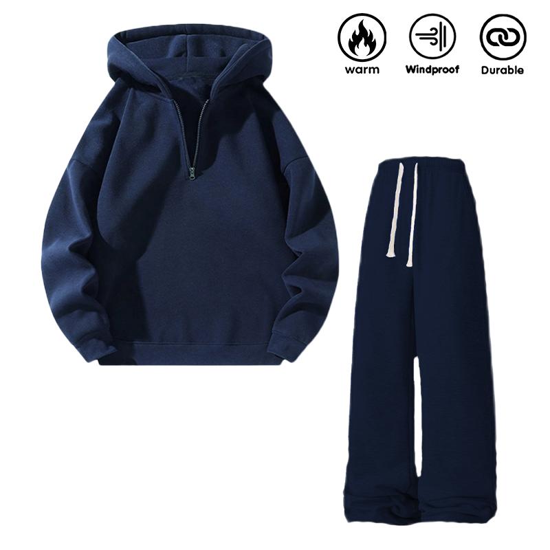 Men’s solid-color fashion two-piece sweatshirt set, regular fit, casual drop-shoulder half-zip hooded sweatshirt + drawstring sweatpants with pockets, suitable for 20-year-old boys, autumn/winter wear, ideal for everyday wear and workouts