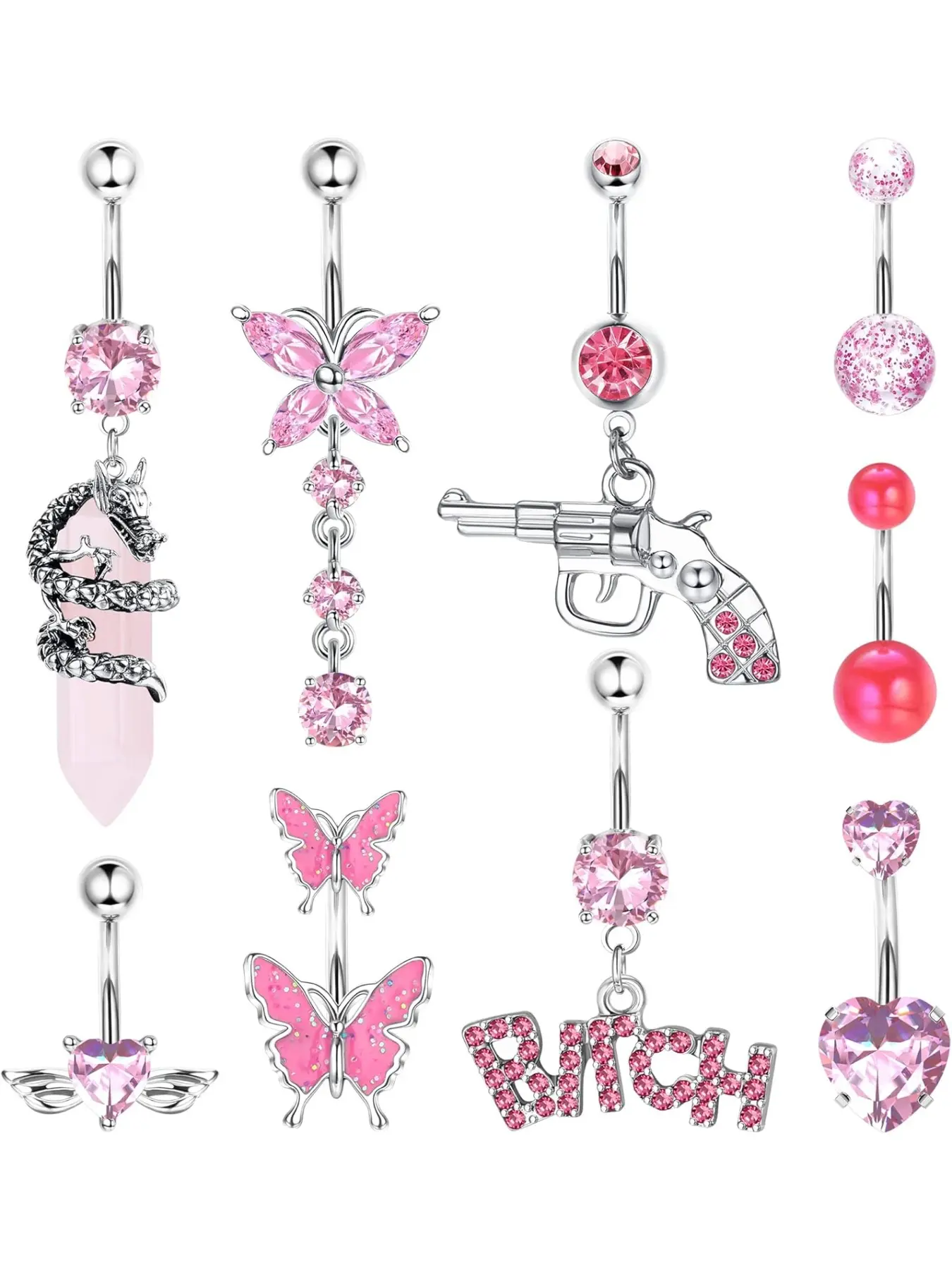 14G Belly Button Rings Dangle Stainless Steel Navel Rings Pink CZ Heart Butterfly Belly Rings Dangling Belly Piercing Jewelry For Women Body Piercings Belly Piercing Ring Chain Body Jewellery