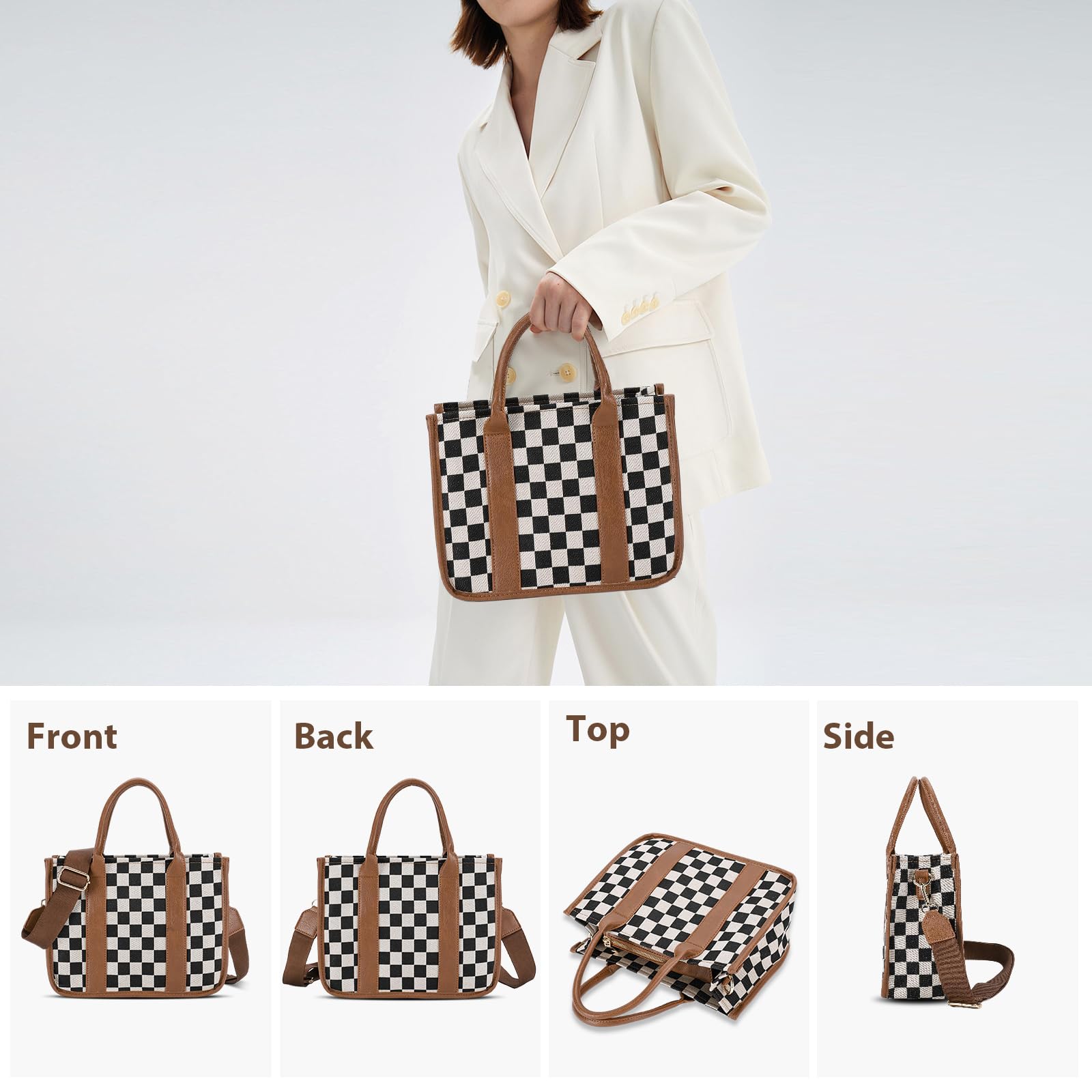 Checkered Crossbody Bag, Canvas Work Tote, Black and White Purse, Casual Tote Handbags for Work & Travel