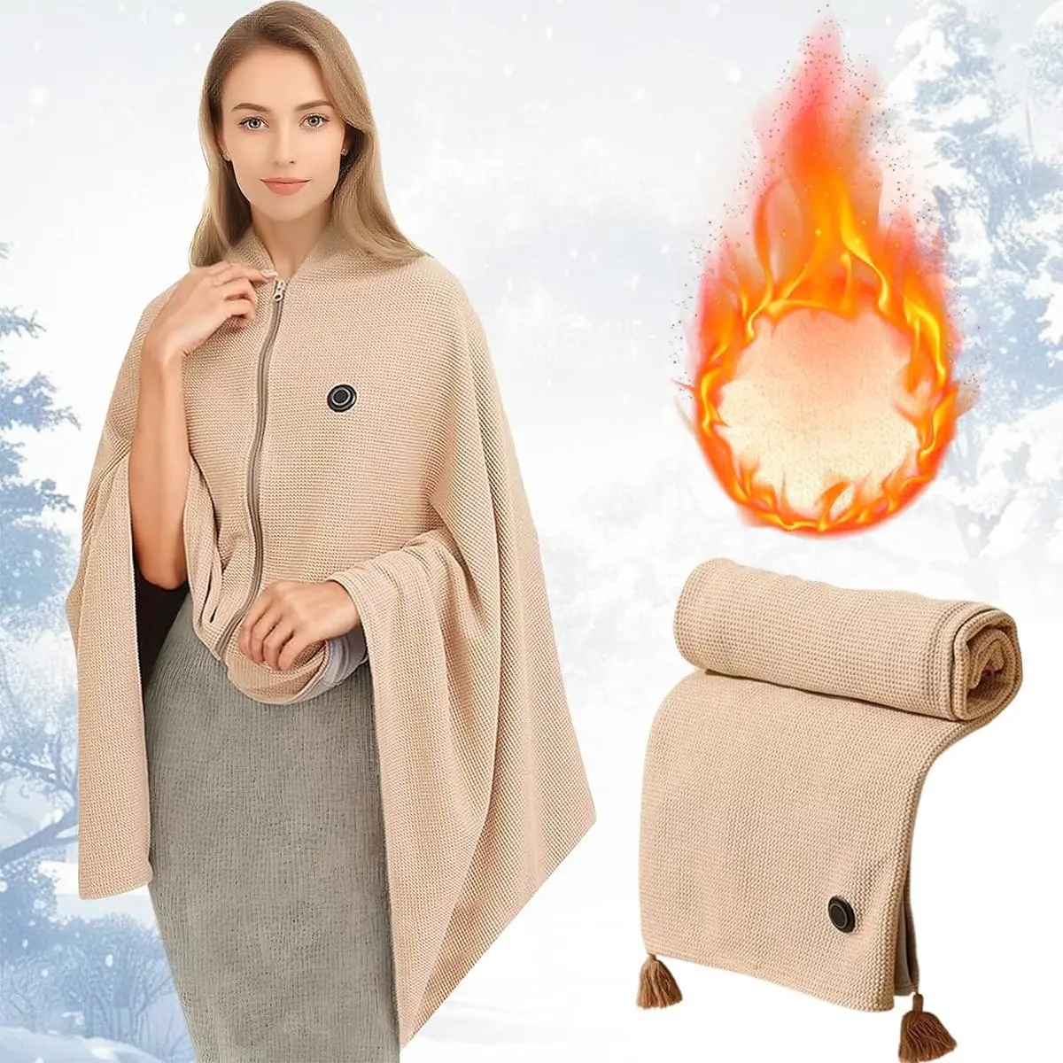 USB Heated Soft Warm Shawl with USB Port - 3 Temp Modes, Detachable Design for Easy Washing, Compact Portable Shawl, Lightweight for Office/Outdoor, Fold-and-Go Winter Autumn Home Supply Gift