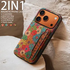 Denior Floral Dream Wallet Case for iPhone 17 16 15 14 13 12 11 X Series Pro Max Plus with Glue Card Holder Fashion Design Flower Pattern Wooden Material Foldable Wallet 3 Card Slots Shockproof Cover Protective Casing