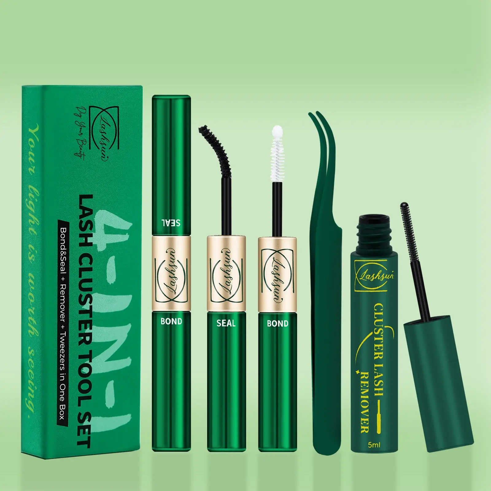 LASHSUN 4-in-1 Lash Cluster Glue Eyelash Adhesive Bond & Seal Kit with Remover & Tweezers, Long-Lasting & Waterproof Tool Set DIY Lash Tools for DIY Eyelash Extensions, Beginner-friendly Home Use Makeup Cosmetic Kit Eyelash Extension Supplies