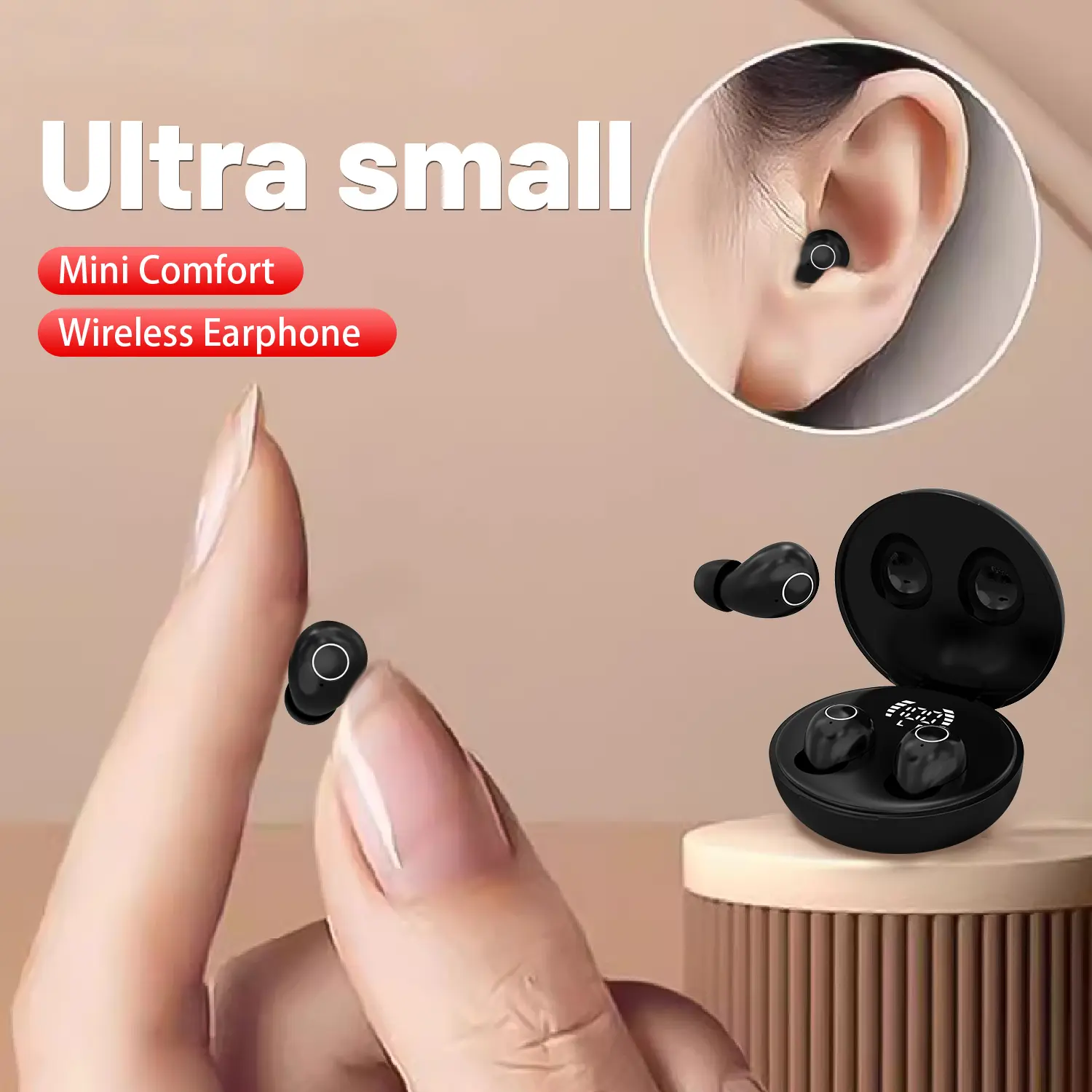 Wireless sleep earphones, mini Bluetooth earphones, touch operation, silicone in ear for long-term wear, LED digital display, high-definition sound quality, compatible with smartphones, noise cancelling earphones suitable for sleep, work, and gaming tikto