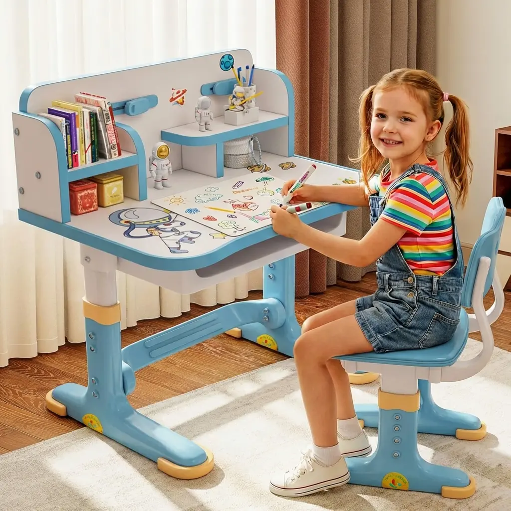 Kids Ergonomic Height-Adjustable Study Desk and Chair Set - Sturdy Indoor Metal Furniture with Widened Multi-Separation Desktop, Cartoon Pattern, Drawer for Supplies, Assembly Required (Chair H:69cm, Desk H:101cm), Storage