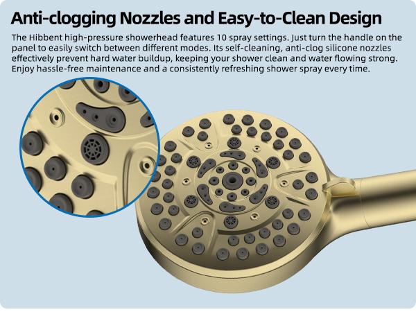 Hibbent All Metal High Pressure Rainfall Shower Combo/Handheld Showerhead Combo with 12'' Adjustable Curved Shower Extension Arm, 10-Spray, 71'' Hose, Showerhead Holder, Brushed Gold