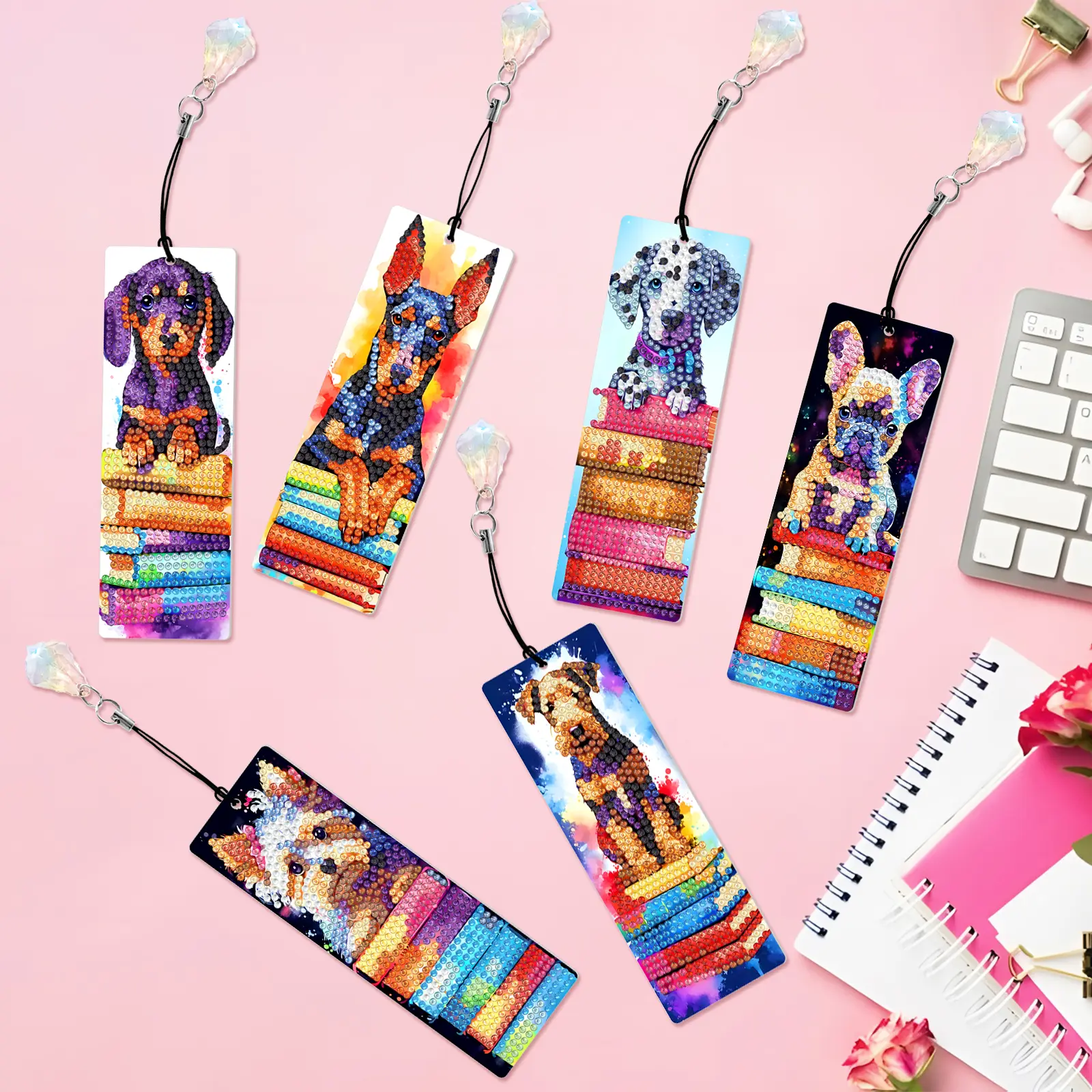 Unisex 6-Pcs Colorful Puppy Breeds Diamond Painting Bookmarks - DIY Craft Kit for Adults, Ideal Gift for Dog Lovers