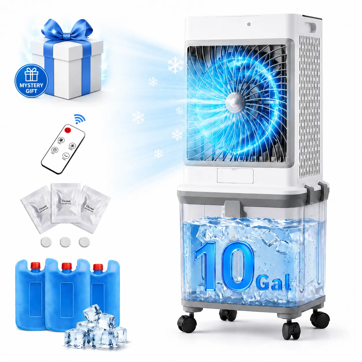 【DealsforYou】10-Gal Portable Evaporative Swamp Cooler with Upgraded Cooling Technology, 10-Gal Easy Disassembly Tank, 7-Hour Timer, Remote Control, Comprehensive Modes, Free Aroma Diffuser Pad for House, Bedroom, 10 Gallon Tank