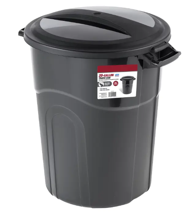 Heavy Duty Black Plastic Garbage Can with Included Lid - 20 Gallon Capacity Cover Bin