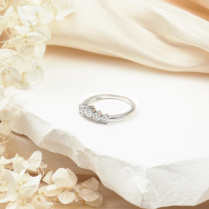 Delzzad Curved Band Round Synthetic Moissanite S925 Ring Band Jewelry Engagement Wedding Anniversary Valentine's Day Christmas Gift