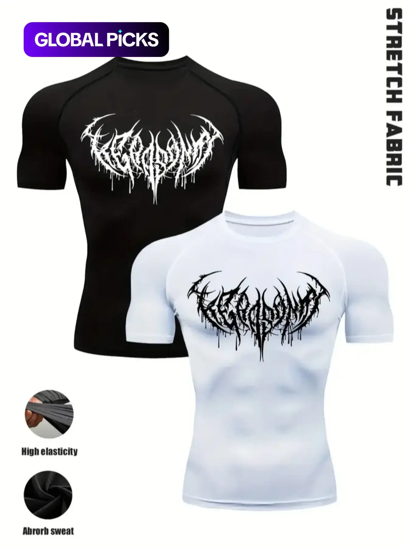 Men's 2 Pack Gothic Workout T-Shirts, Print Design, Stretch Fit Compression Shirts, Fitness Top, Fitness Clothes, for Intense Training, Polyester Blend, Black White Set, Ideal for Gym, Strength Training, Streetwear & Casual Wear, Fitness Apparel