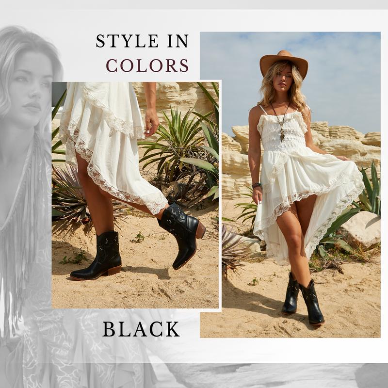 IUV Cowgirl Boots for Women Short Cowgirl Ankle Boots with  Almond Pointed Toe Western Boots Women Chunky Heel  Country Boots  for Comfortable Walking Shoes Classic Booties