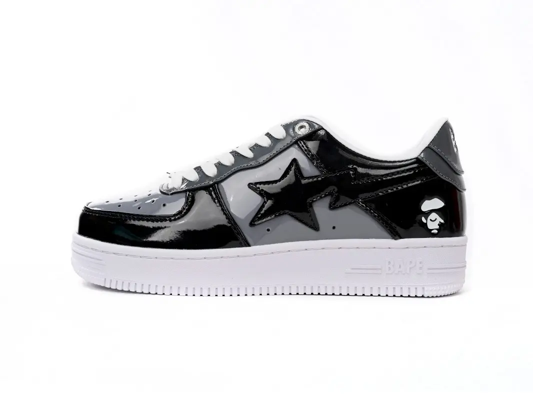 Retro Dark Gloss Patent Leather Walking Sneakers, Contrast Grey Panel Shiny Star Accent Wear Resistant Sole Couple Night Out Skate Shoes