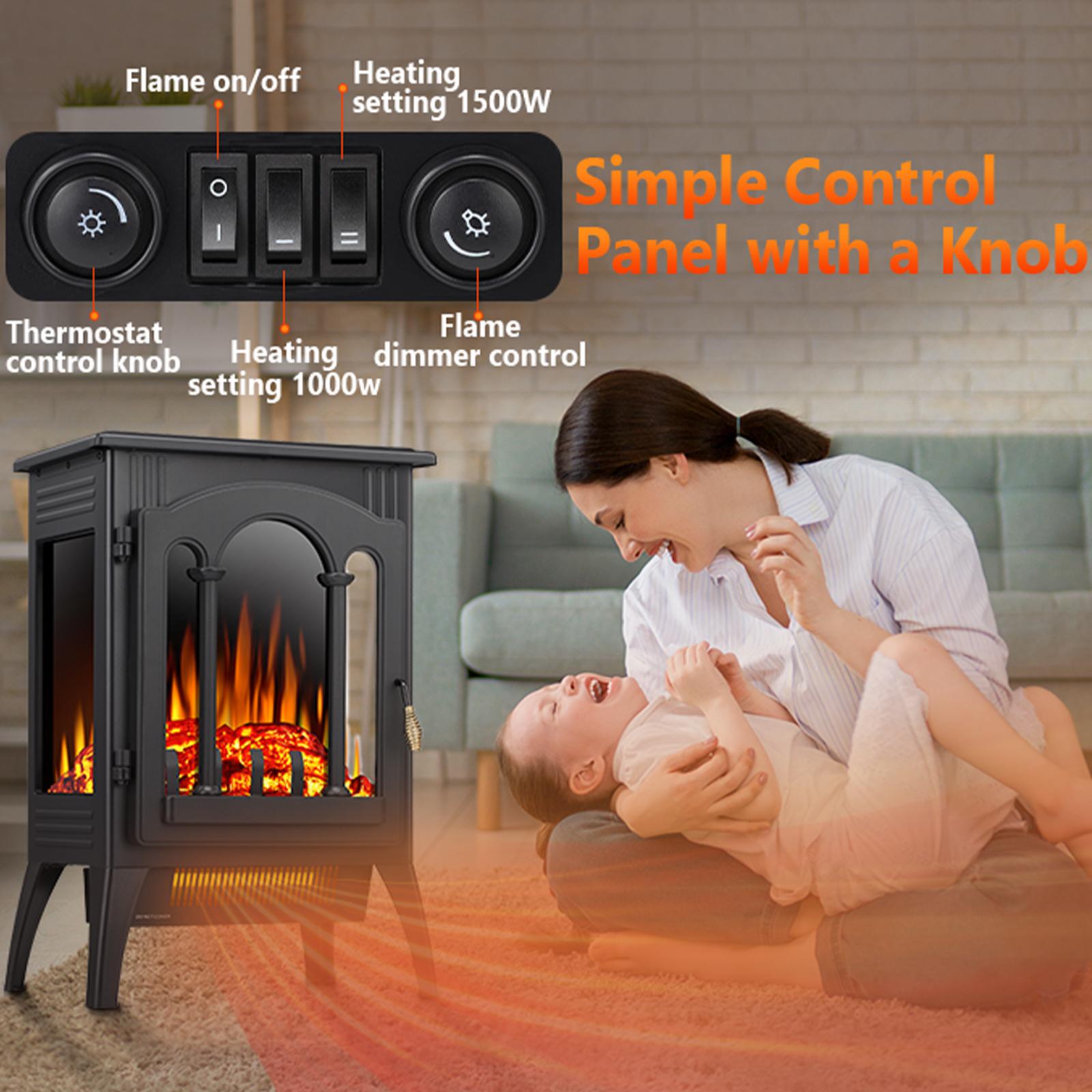 R.W.FLAME Electric Fireplace Heater, 20" Freestanding Fireplace Infrared Stove 1000W/1500W, 3D Realistic Flame Effects, Adjustable Brightness and Heating Mode, Overheating Safe Design