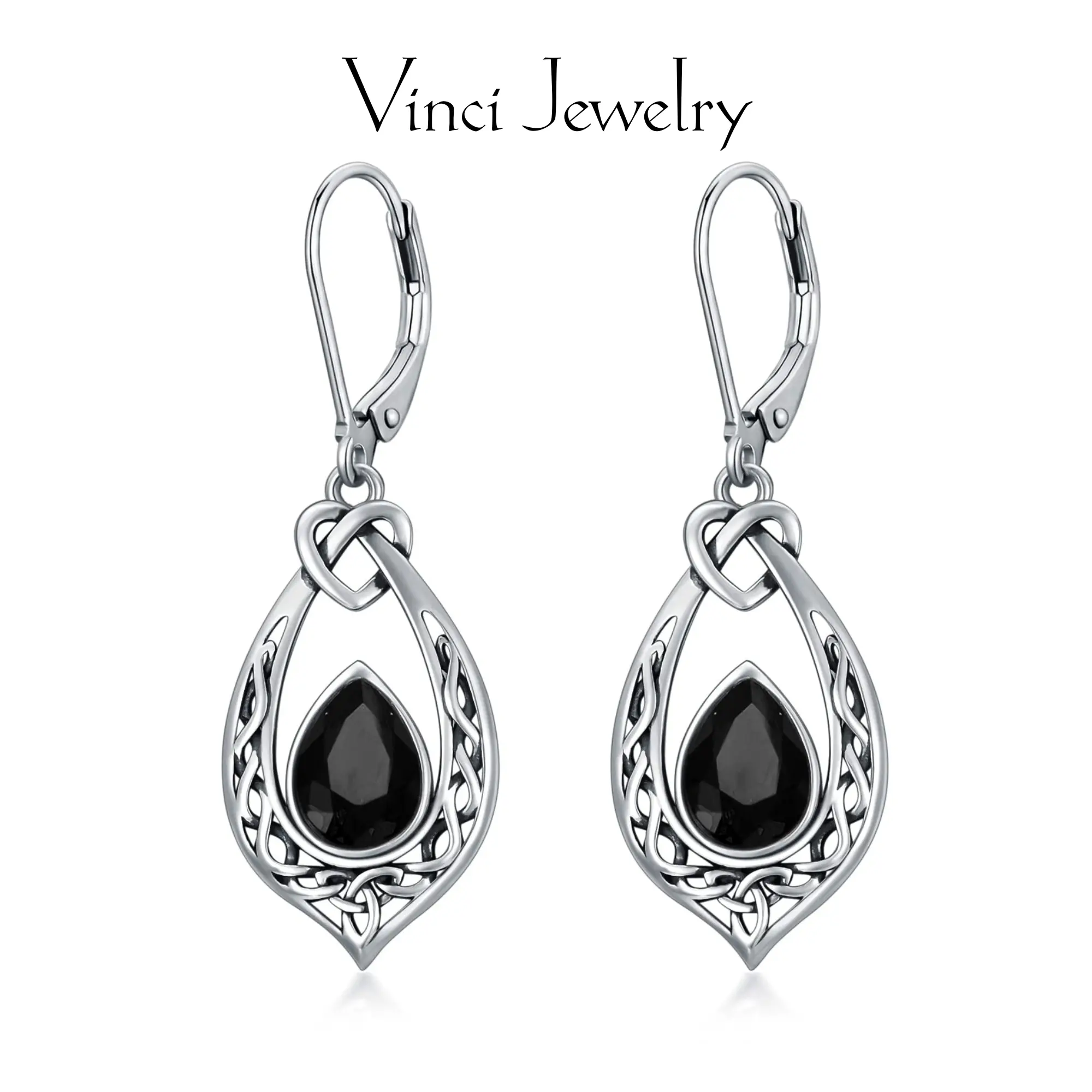 925 Sterling Silver Celtic Knot Tear Drop Design Dangle Earrings, Oxidized Vintage Dangle Drop Leverback Earrings with 8*6mm 5A Black Cubic Zirconia, Elegant Daily Wear Earrings for Women