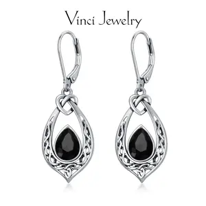 925 Sterling Silver Celtic Knot Tear Drop Design Dangle Earrings, Oxidized Vintage Dangle Drop Leverback Earrings with 8*6mm 5A Black Cubic Zirconia, Elegant Daily Wear Earrings for Women