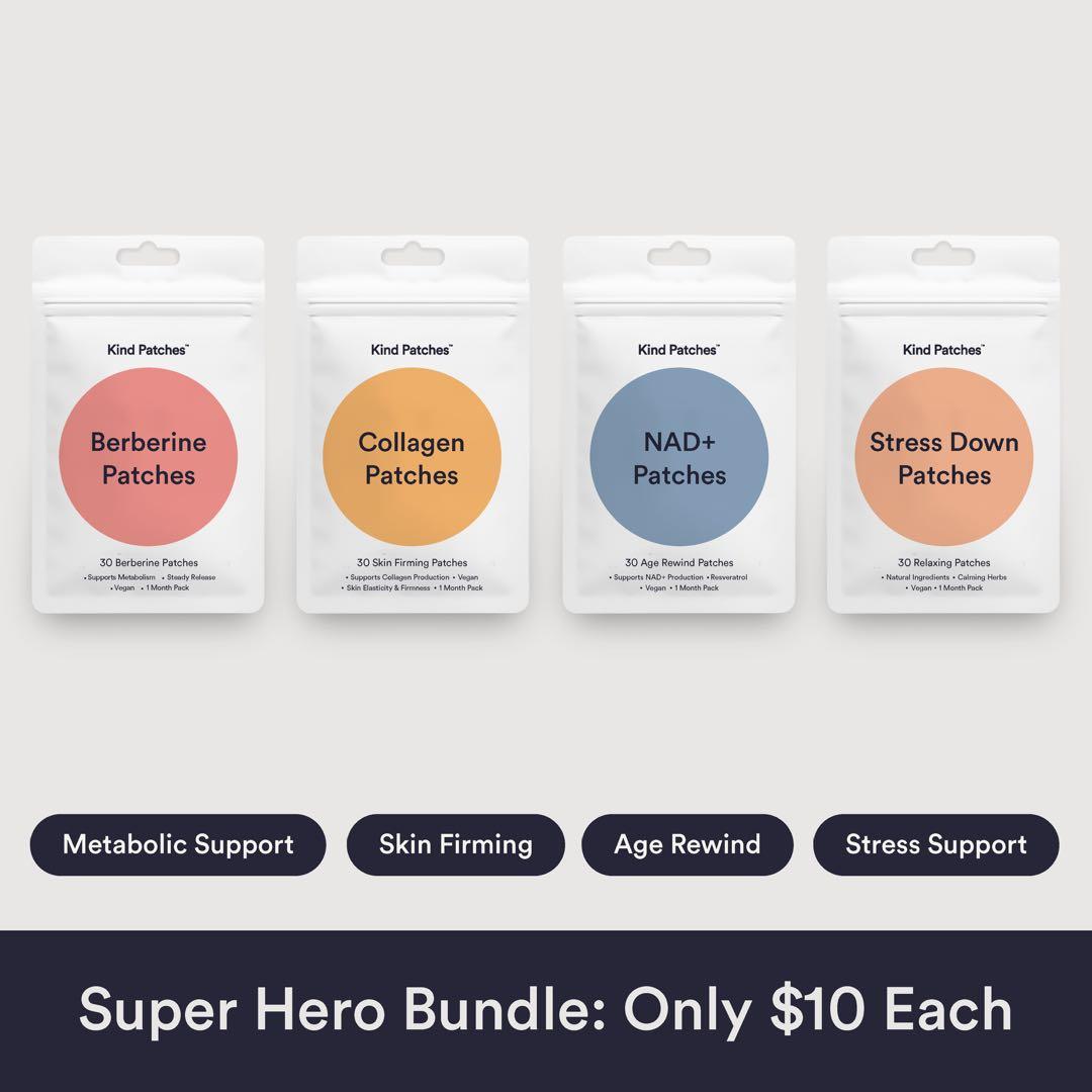Kind Patches Super Hero Bundle: Berberine, Collagen, NAD+, Stress Down Patches, Natural Ingredients, Vegan Kind Patches Super Hero Bundle: Berberine, Collagen, NAD+, Stress Down Patches, Natural Ingredients, Vegan