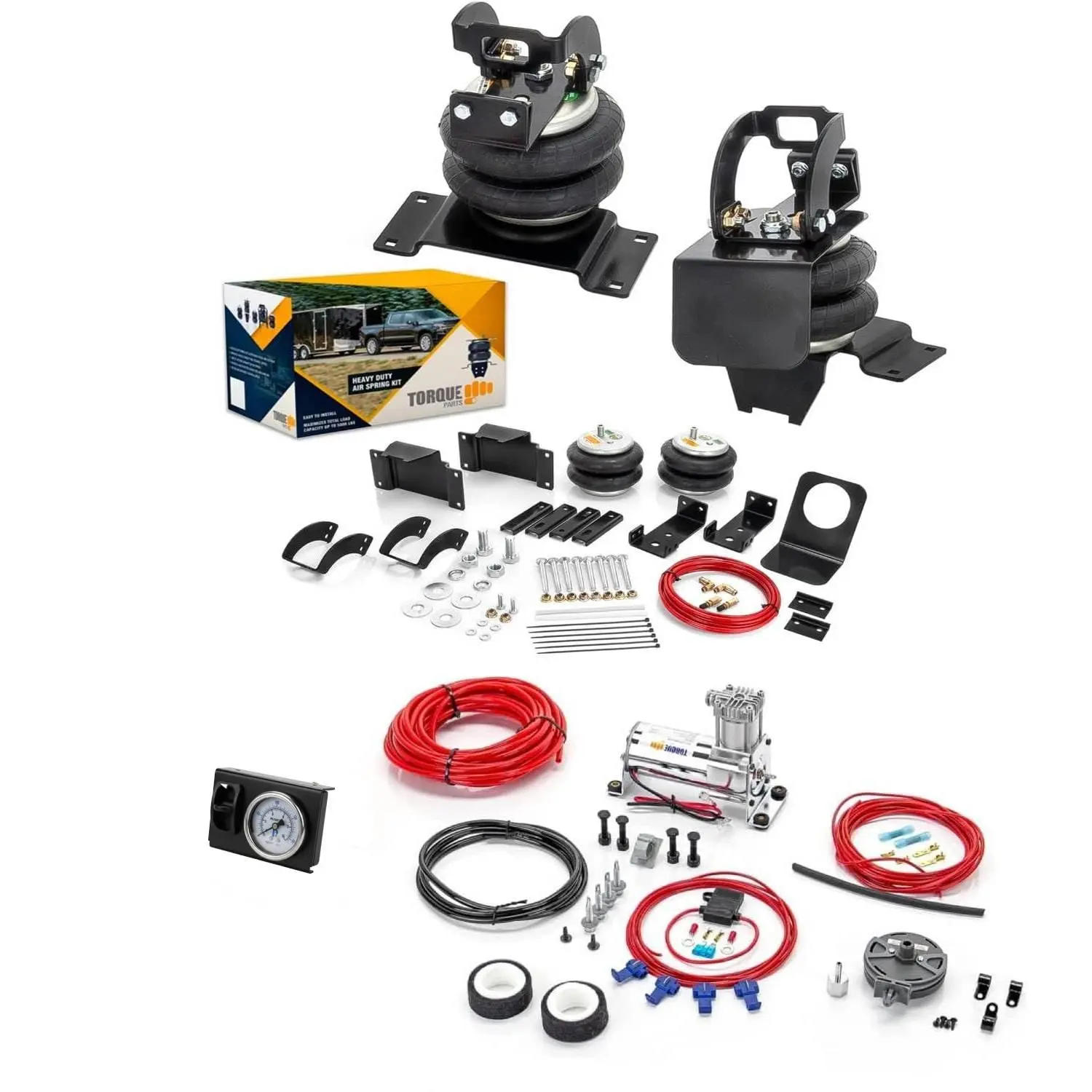 TORQUE Air Bag Suspension Kit with Internal Jounce Bumper and Onboard Air Compressor Kit for 1999-2025 Ford F550, 2007-2025 Dodge Ram 4500 5500 Cab-Chassis only 2WD 4WD F-550 Rear Helper Bag 7500 lbs