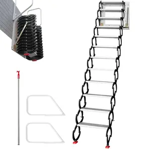 VEVOR Attic Steps Pull Down 12 Steps Attic Stairs Alloy Attic Access Ladder,  , Black Pulldown Attic Stairs, Wall-mounted Folding Stairs for Attic, Retractable Attic Ladder with Armrests, 9.8 feet Height