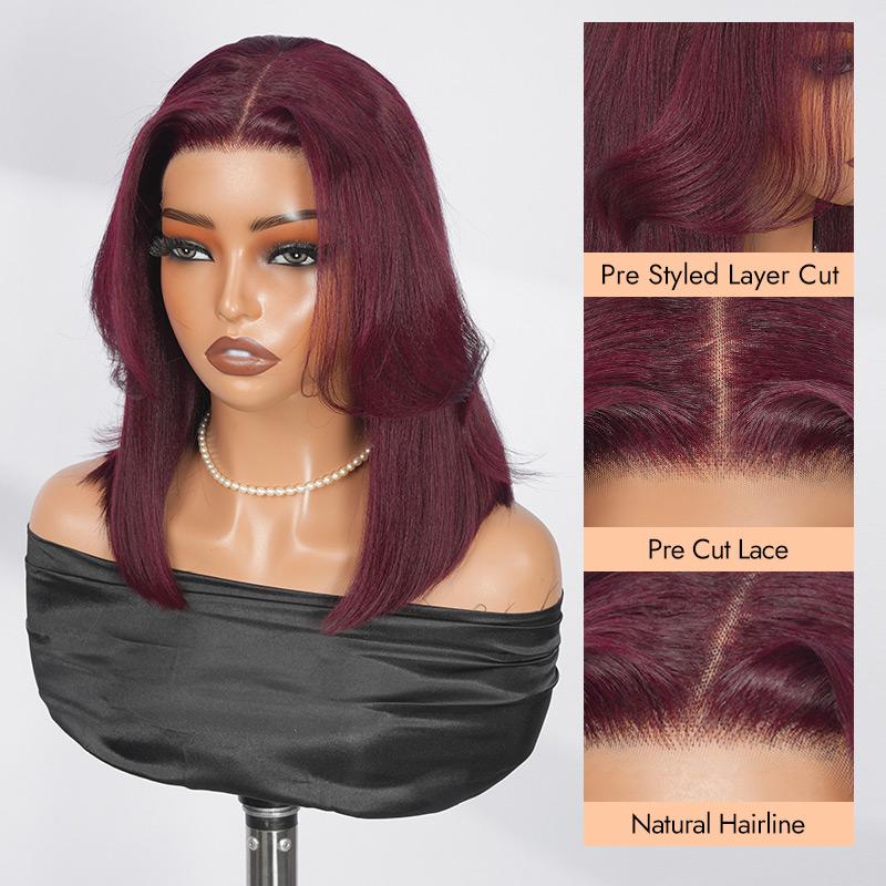 Wiggins Hair Glueless Layered Cut Yaki Straight Bob Wig 7*5 Lace Closure Wigs Human Hair Ready To Go And 99J Bob Wig Pre Plucked Beginner Friendly
