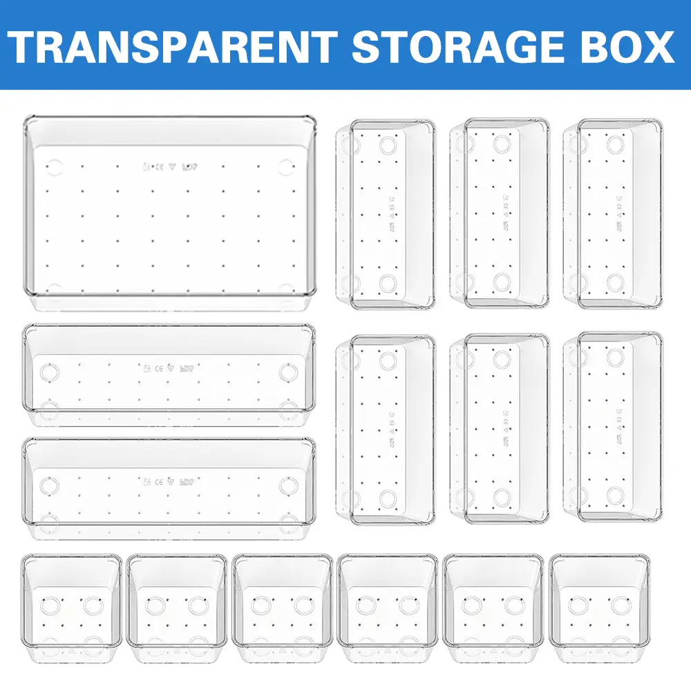 15pcs/Set Clear Plastic Drawer Organizers Set, 4-Size Versatile Bathroom and Vanity Organizer Trays,  Suitable for Small Tools In Cosmetics, Jewelry Makeup Junk Gadgets, Kitchen, Bedroom, Bathroom, And Office