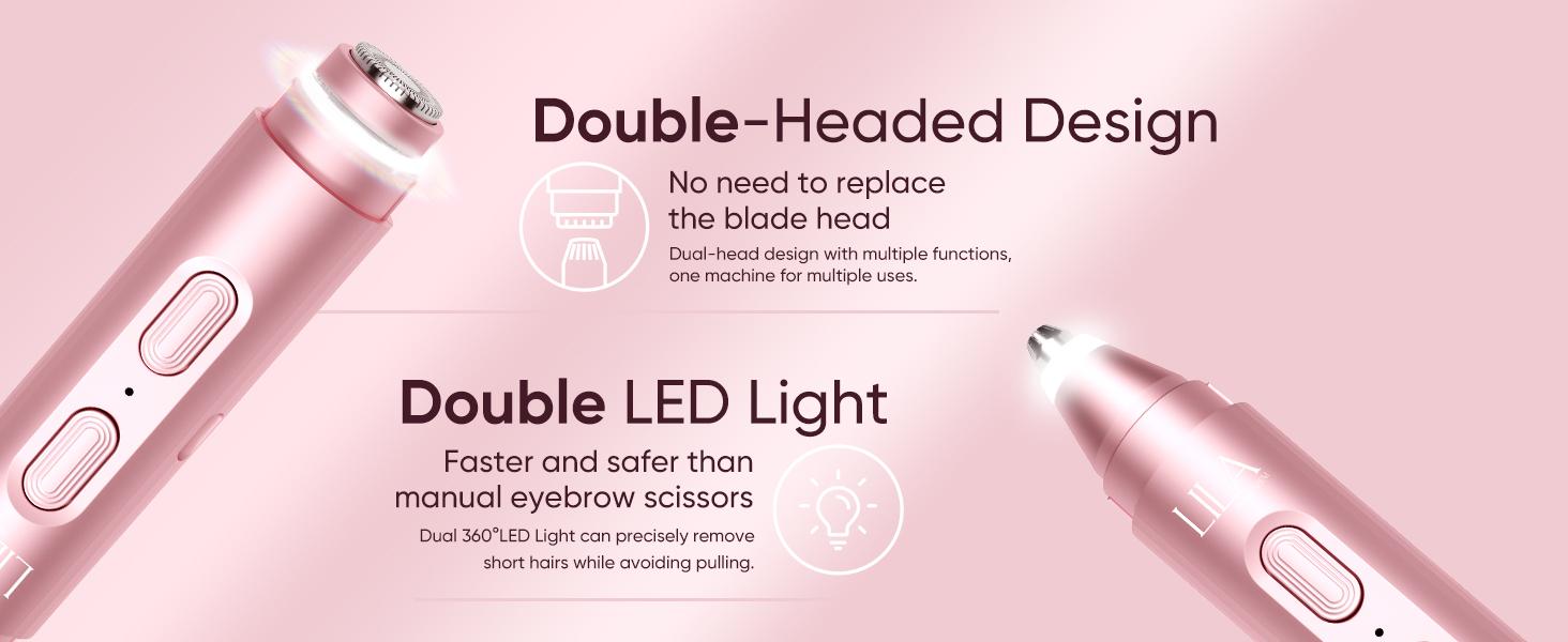 LILA Dual-Head Eyebrow & Facial Hair Trimmer 2-in-1 Rechargeable Precision Shaver with LED Light Painless Removal for Face Chin Lips Body Rose Gold