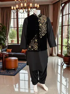 Medium Black Velvet Waistcoat – Heavy Handmade Gold Zari & Dabka Embroidery | Luxury Wedding Vestcoat Medium