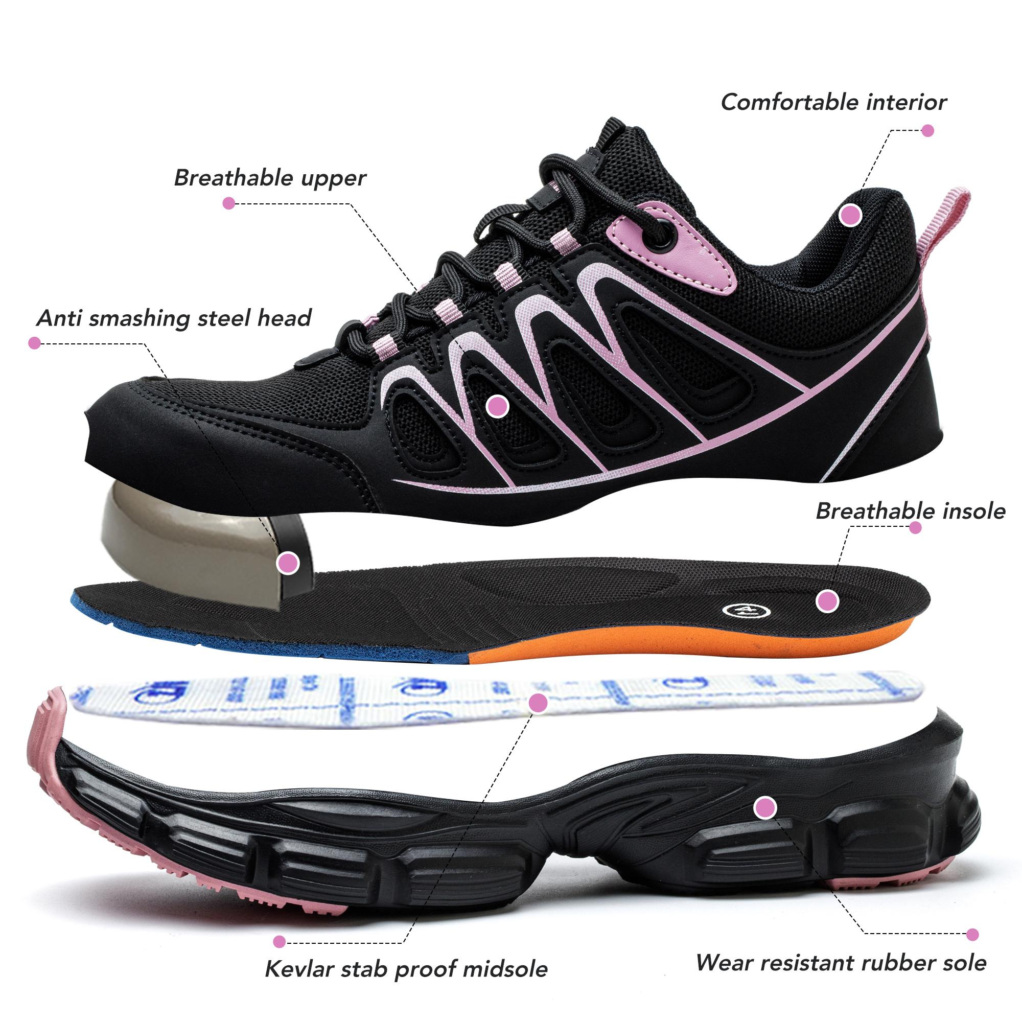 Women's Safety Shoes Anti-Smash Steel Toe Anti-Puncture Kevlar Lightweight Breathable Ladies Work Boots for Factory Workshop Outdoor Construction Non-Slip Black Closed Toe Footwear Worker