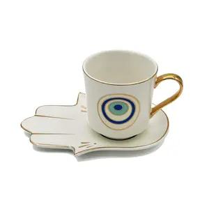 Turkish Cup with Saucer | White Ceramic Drinkware Set Featuring Blue and Green Design