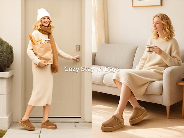 Dream Pairs FuzzyEasy Slip-On Suede Ankle Bootie-Slippers – Faux-Fur Lining, Indoor/Outdoor Memory-Foam Cushion