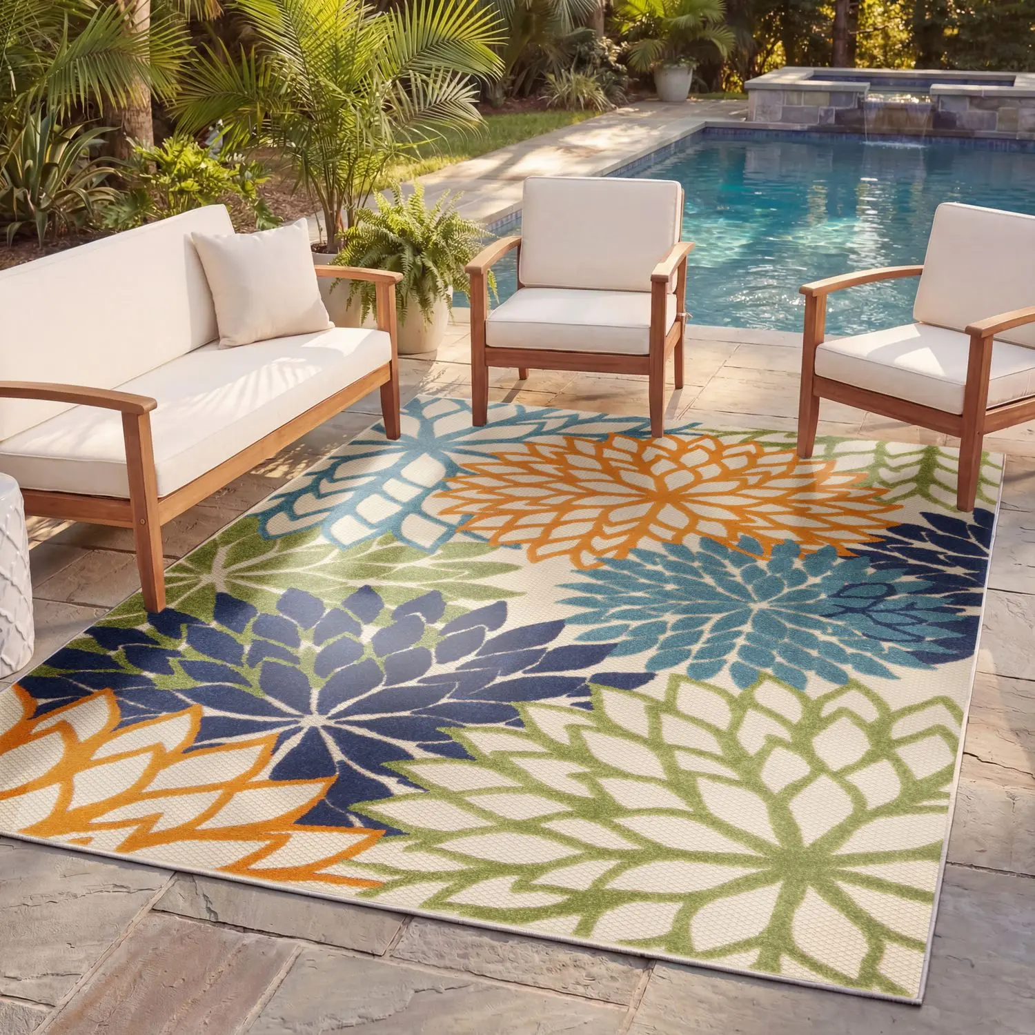 Nourison Aloha Floral Bloom Flatweave Indoor-Outdoor Hawaiian Area Rug, Floral Motifs, Tropical Style for Patio Deck, Durable Exterior Rugs, Hawaiian Area Rugs