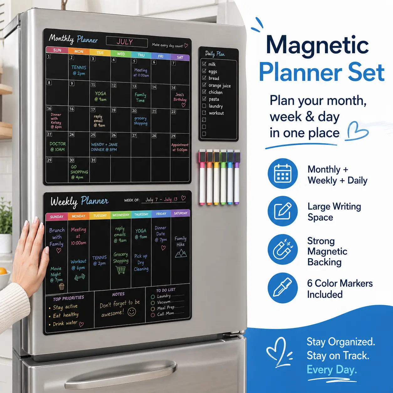 3-Pack Magnetic Refrigerator Calendar - Office Stationery Supplies, Dry Erase Monthly & Weekly Fridge Whiteboard with 8 Easy-to-Use Dry Erase Markers, 1 Eraser, 1 Shopping List (Black-White), Large Writing Space, Non-Slip Backing for Home To-Do Planning,,