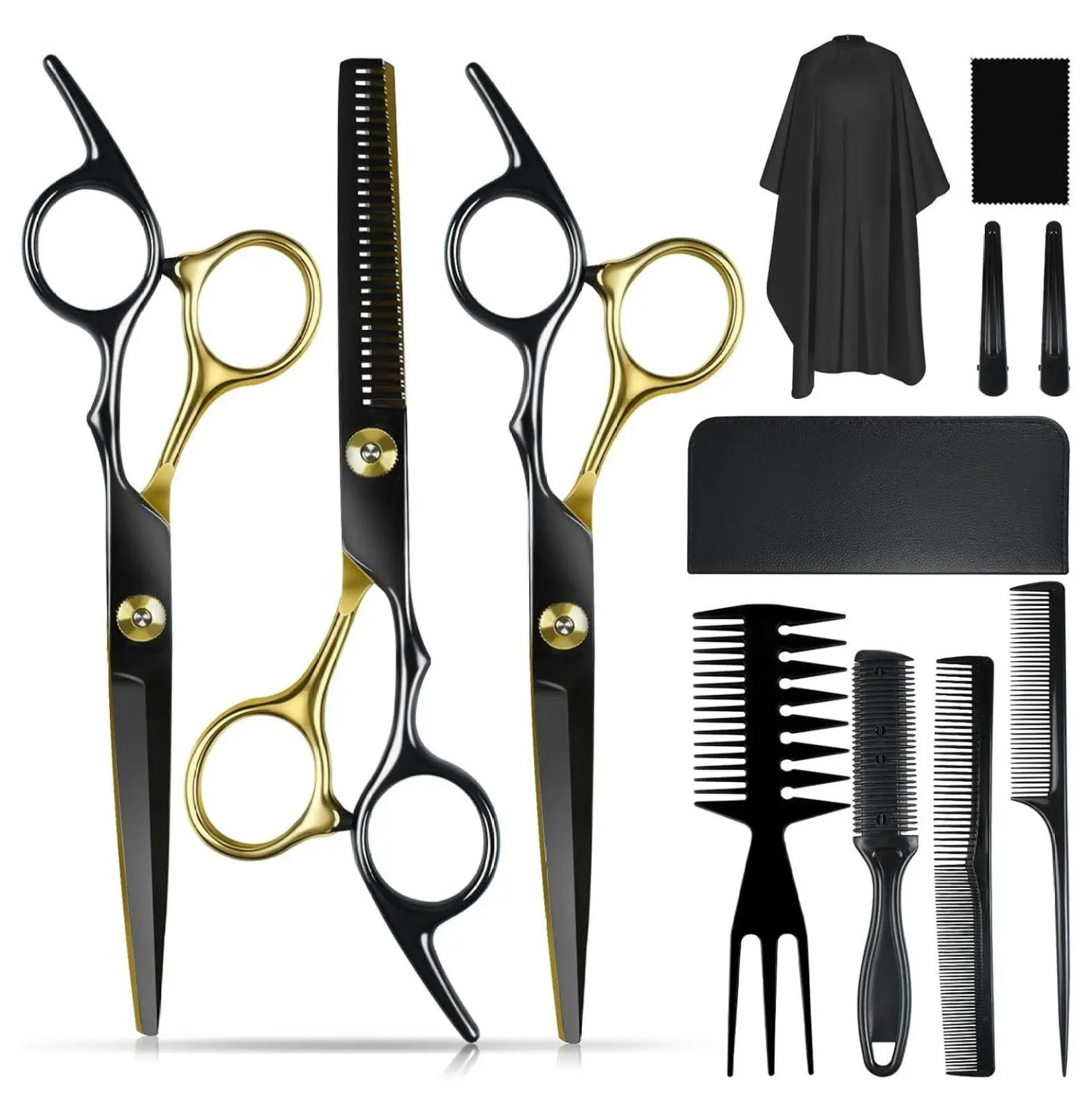 Hair Cutting Scissors Set 12 PCS -  Salon Hairdressing Kit with Cutting & Thinning Shears, Comb, Cape & Clips for Hair Stylists, Barbers, Men, Women, & Pets Stainless Steel
