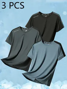 Pack of 3 crew-neck printed T-shirts for men, casual athletic short sleeves, breathable stretchy tops suitable for summer wear