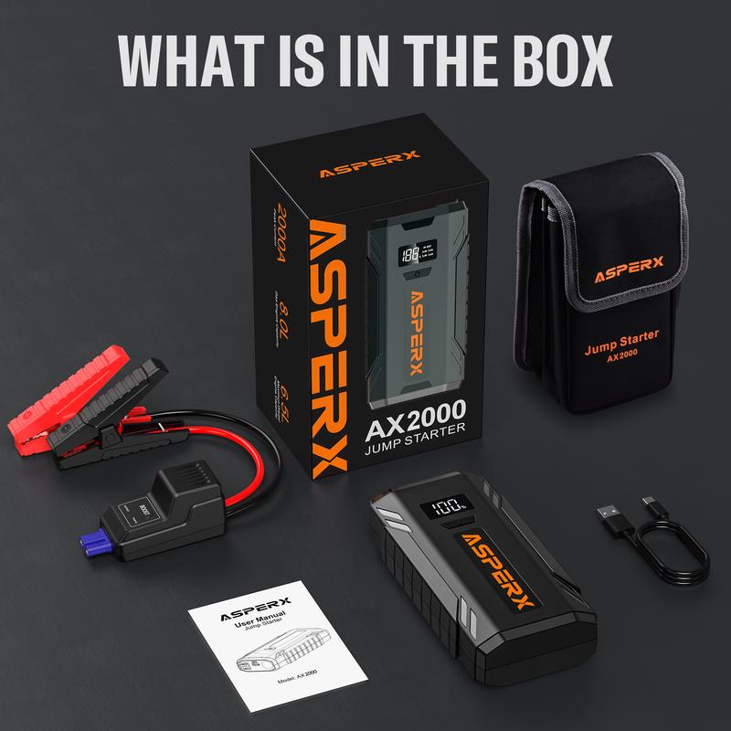 AsperX 2000A Portable Car Jump Starter, 12V Battery Jump Box with 1.4 INCH LCD Display, LED Flashlight Automotive Jumper Cable