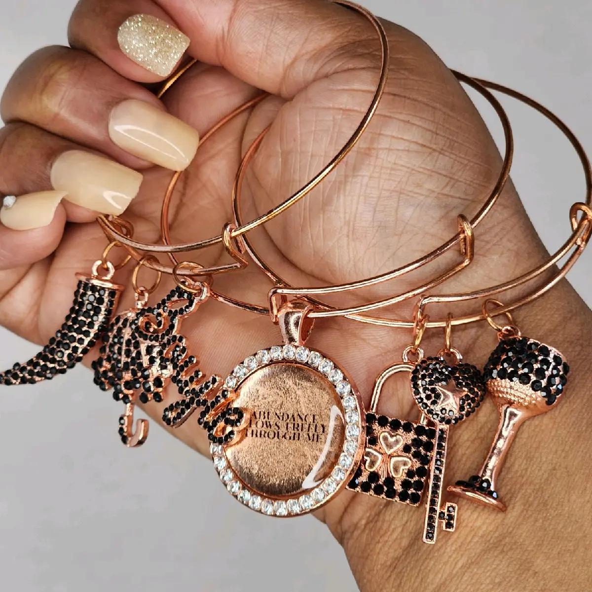 Abundance Flows Freely Through Me... Boujie Affirmation Manifestation Black Rose Gold Bangle Set