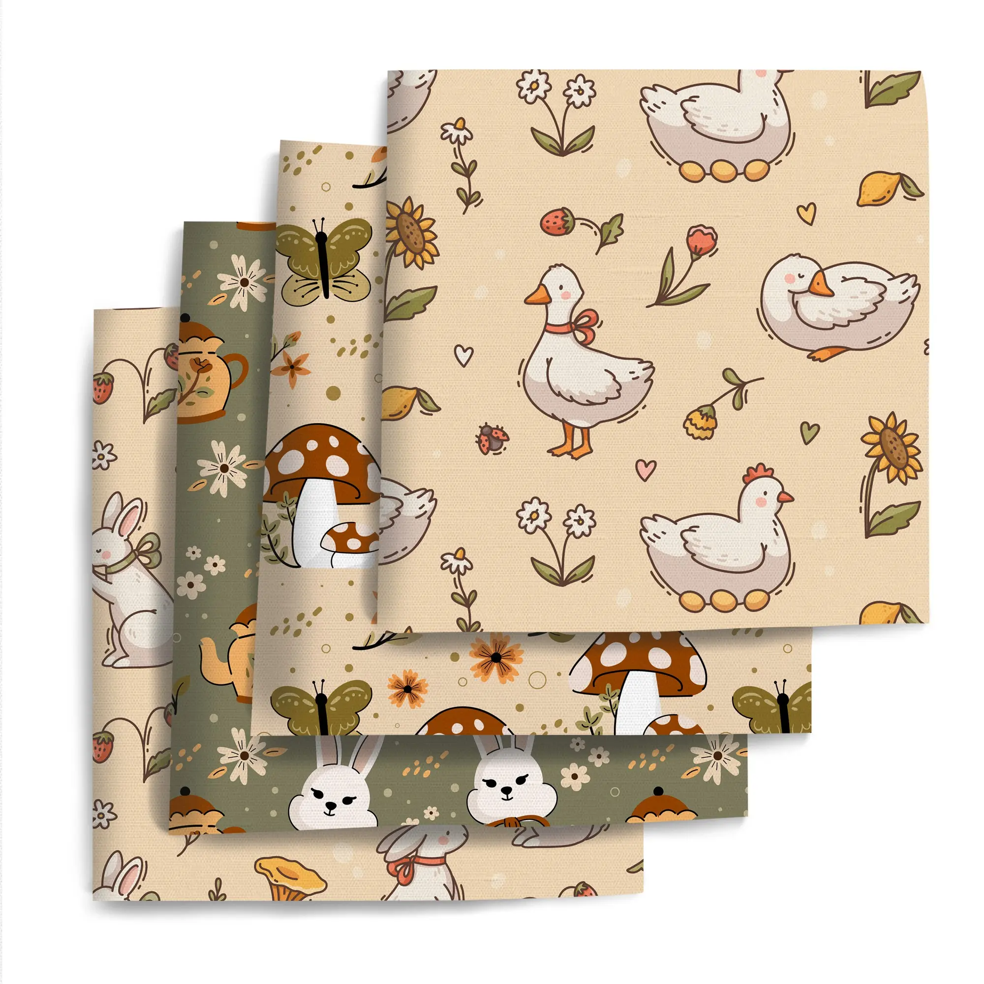 Vintage Duck Rabbit Mushroom Pattern Fabric, Home Textile, 4 Pieces 7.8"x7.8" (20x20cm), Plain Weave Handmade Home Decor DIY Material
