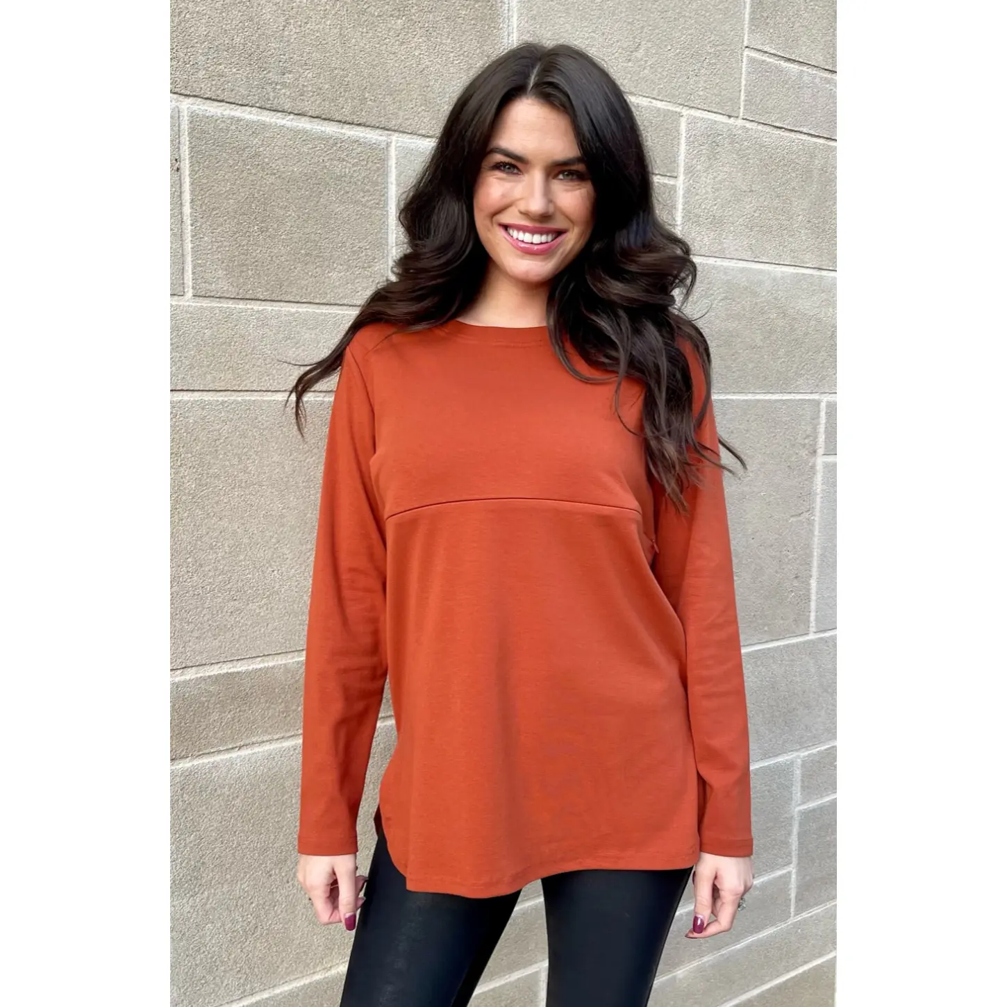 Rust Long Sleeve Nursing Tunic Top with Horizontal Zipper for Nursing & Family Photos - Relaxed Fit, 61% Polyester, 31% Rayon, 8% Spandex