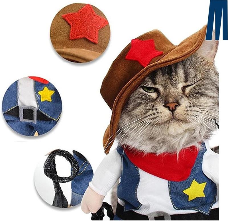 【Pet Supplies】Generic Cowboy Dog Cat Costume with Hat for Halloween Christmas Birthday Events Funny Pet Outfit for Kittens Puppies Size S Easy Wear Party Fun