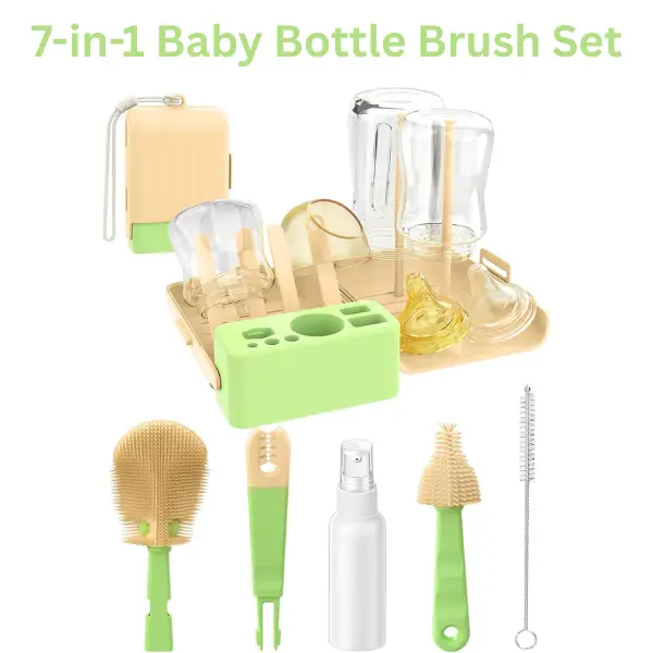 7-in-1 Baby Bottle Brush Set, BPA-Free Bottle Cleaner Kit with Silicone, Nipple & Straw Brushes, Drying Rack, Soap Dispenser, Summer Gift, Birthday Gift